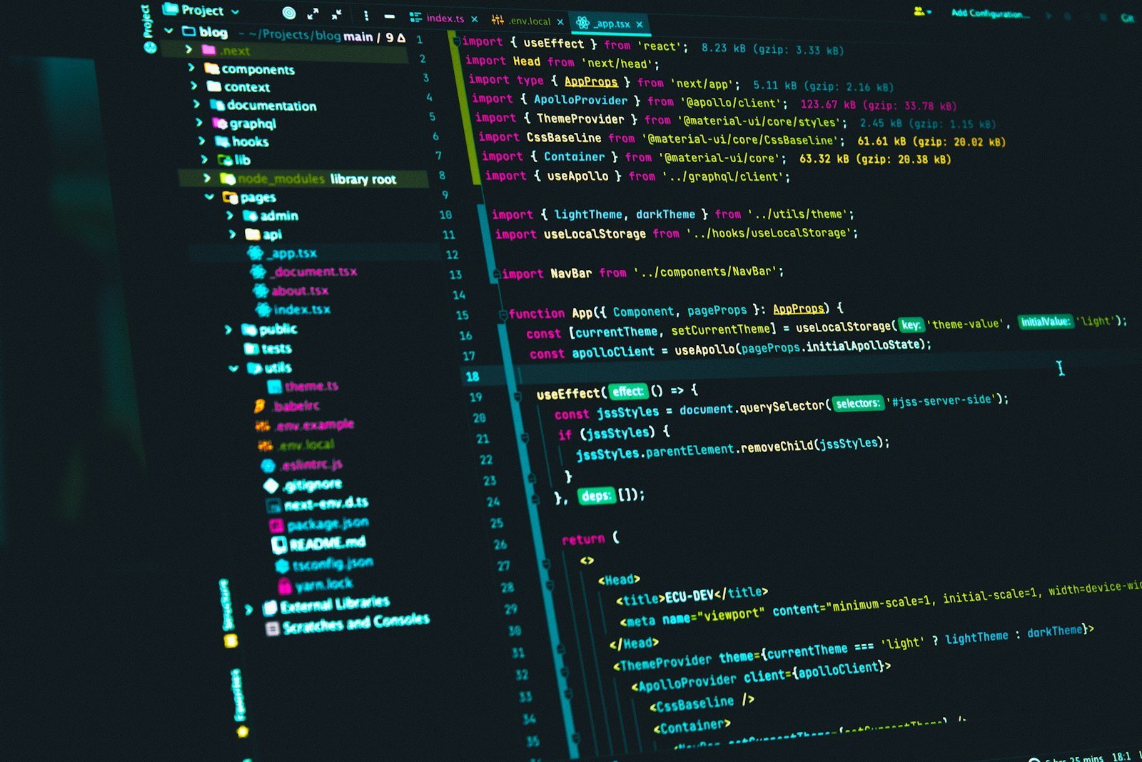 A code editor showing React source code on a dark screen