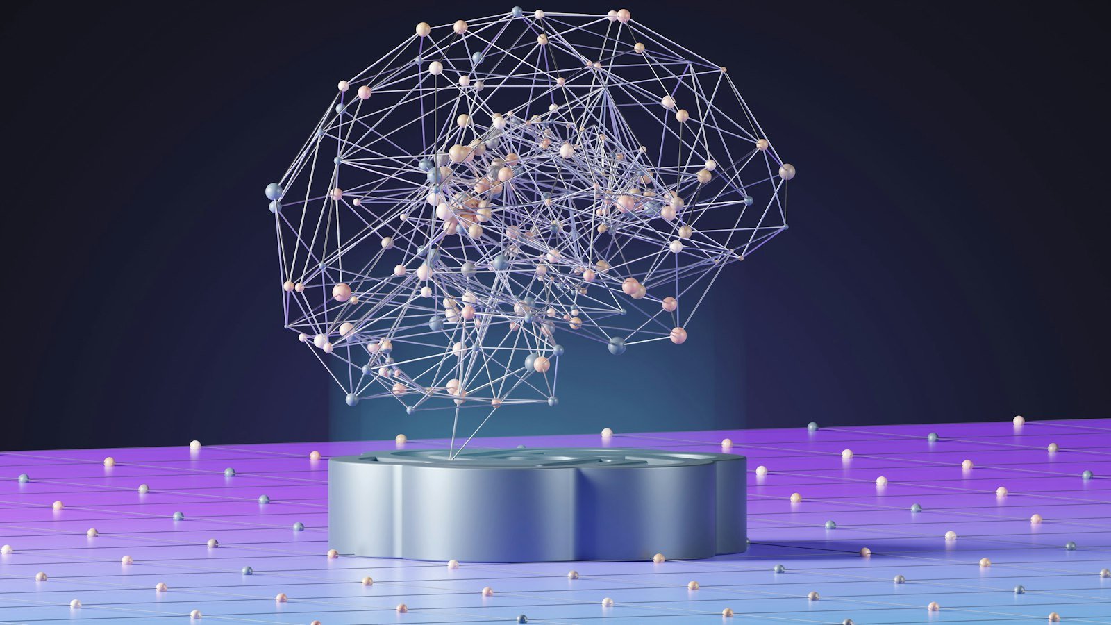 An abstract network of connected points forming a sphere above a glowing platform